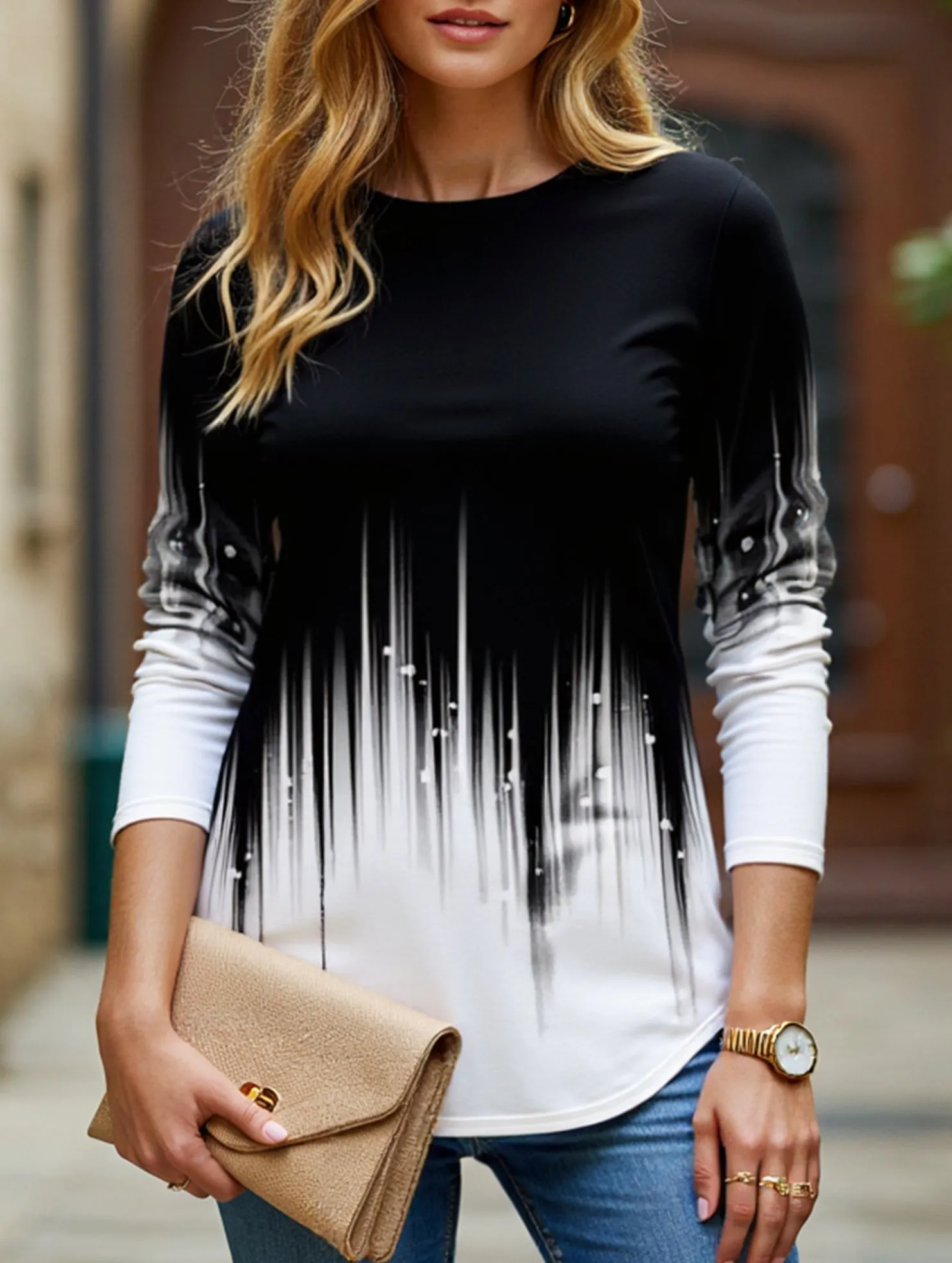 Casual round neck long sleeve loose pullover shirt City Fashion Chic Fit