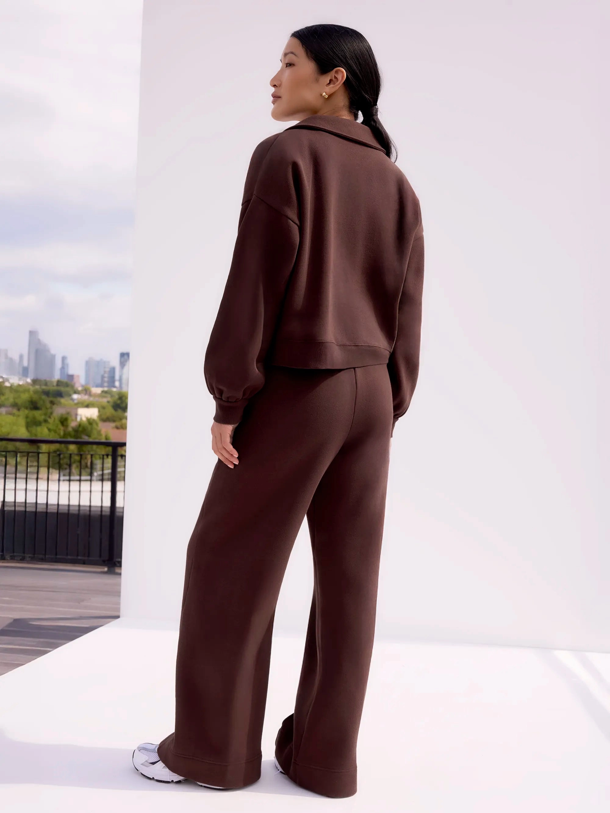 StretchComfortDesign HiddenPocket Petite Chocolate-Brown Wide-Leg Sweatpants