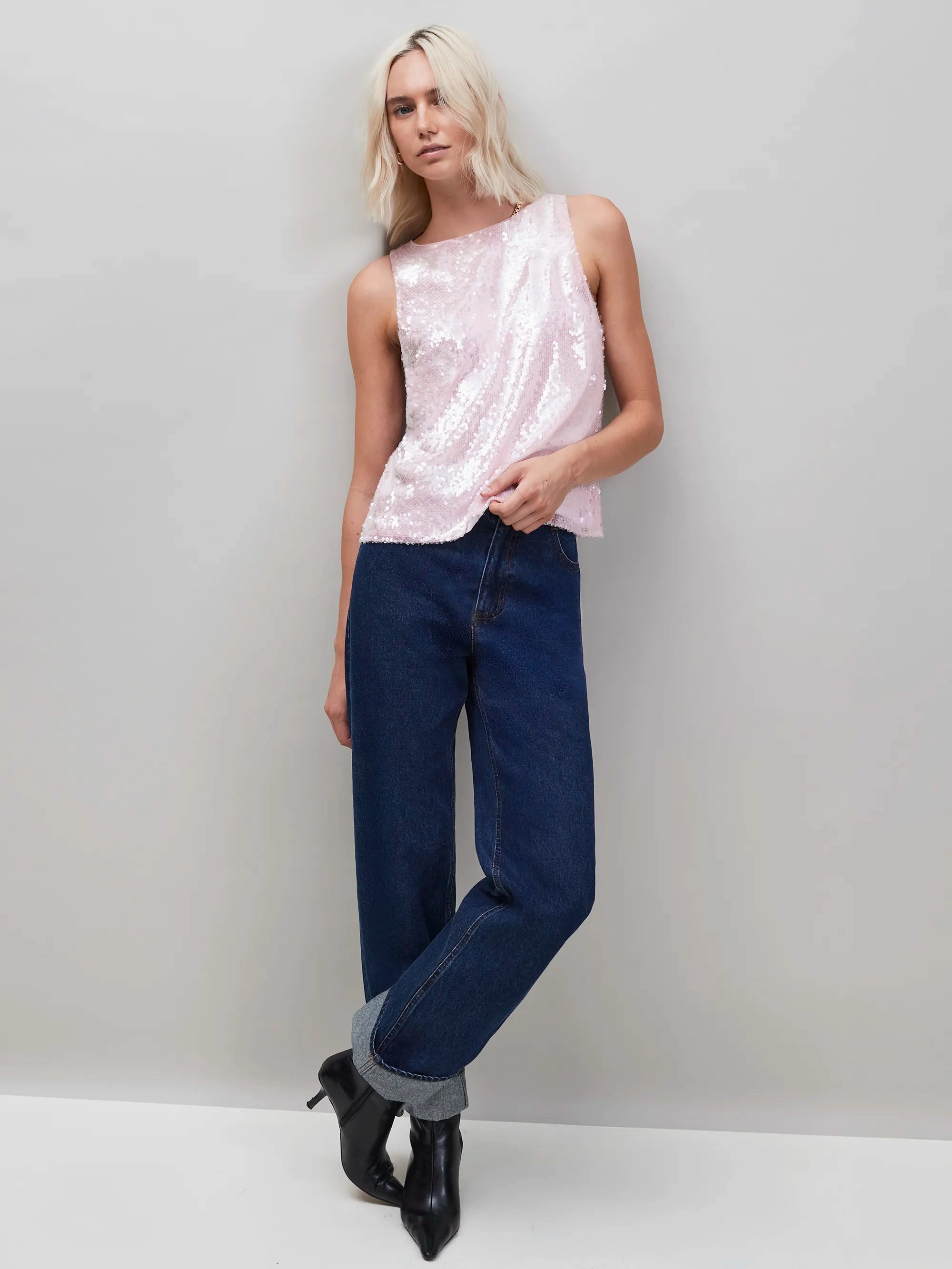 Layered Panel Construction Pink Sequin Shell Top