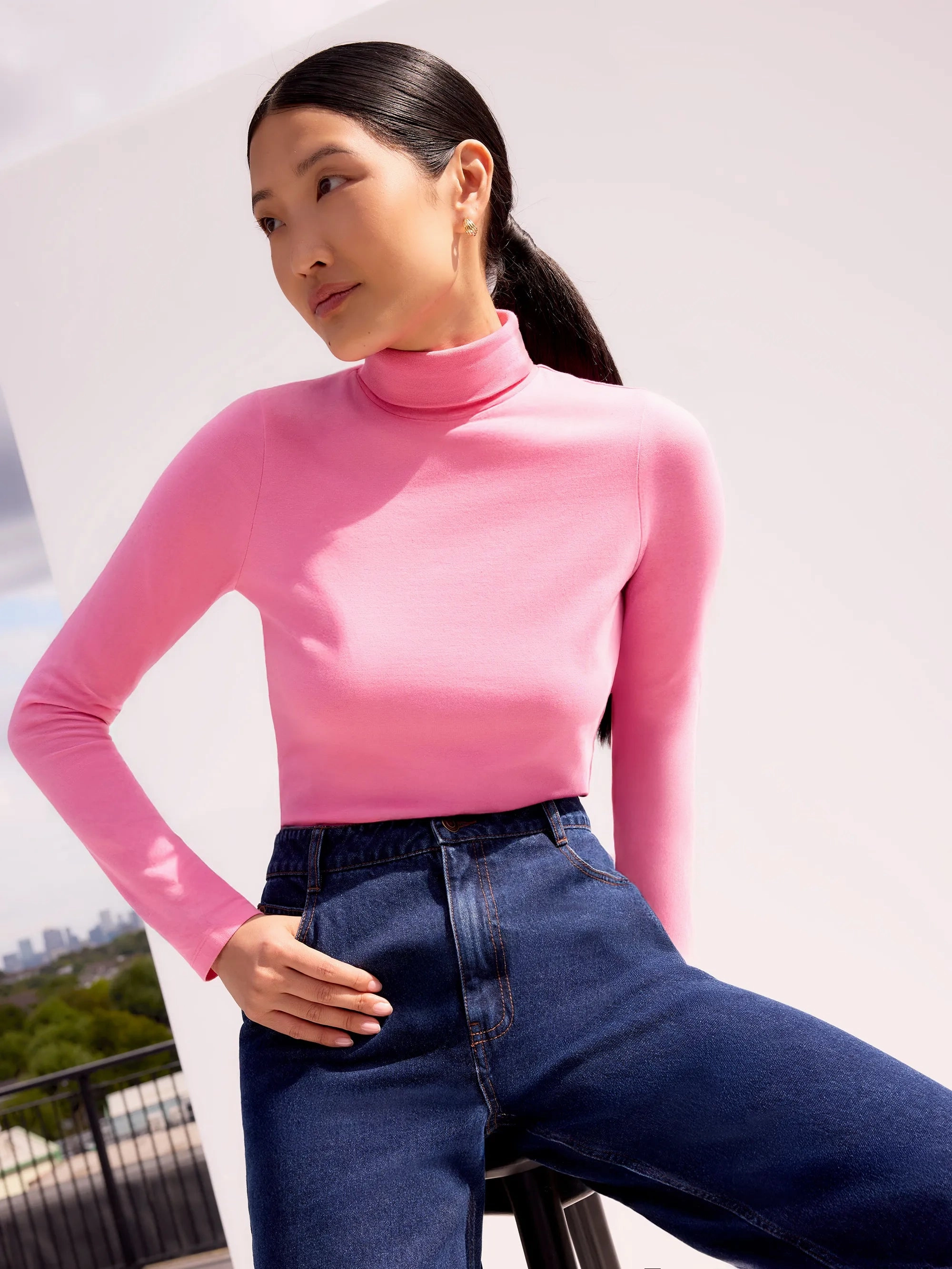 Pink Turtleneck Stretch Cotton-Modal Top Rolled Hem Finish