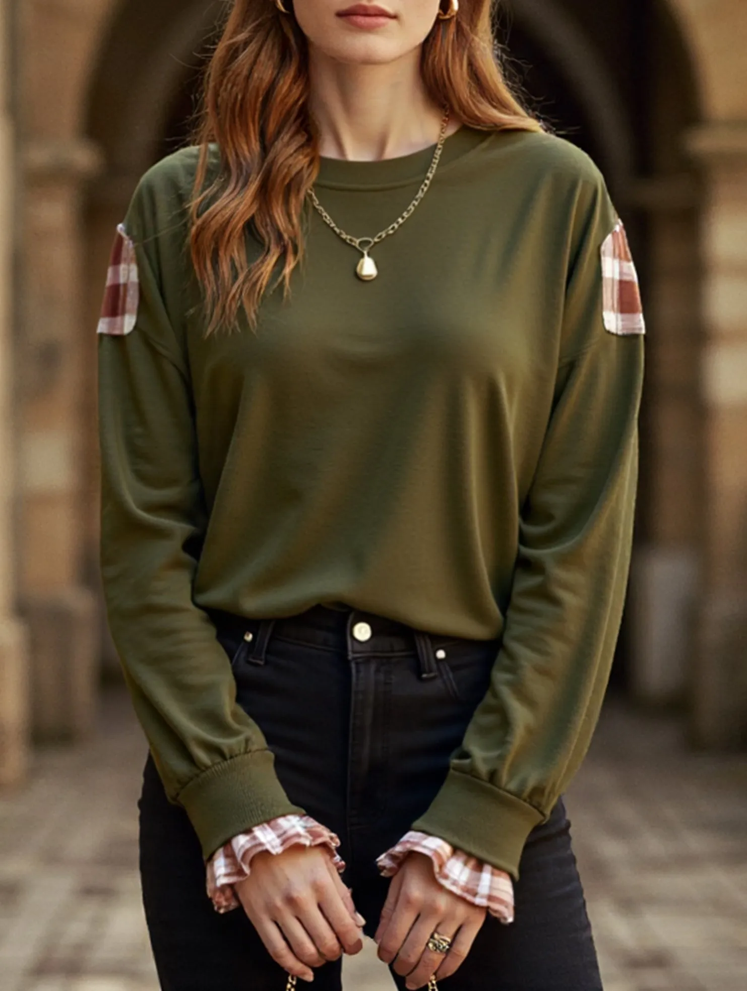 Plaid Patchwork Crew Neck Pullover Sweatshirt Versatile Comfort