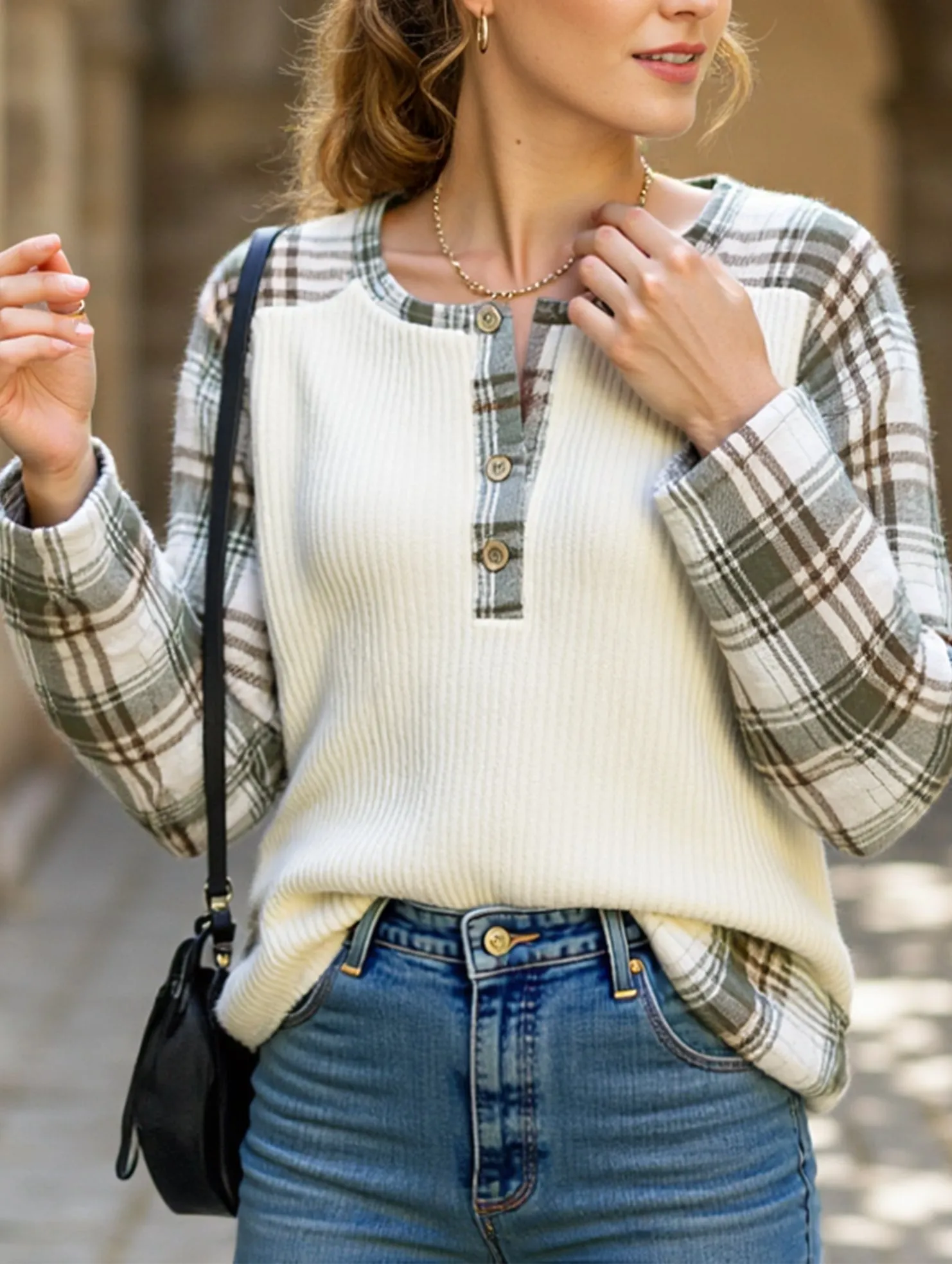 cotton material Non Fading Material PLAID PATCHWORK LONG-SLEEVED CREW NECK T-SHIRT