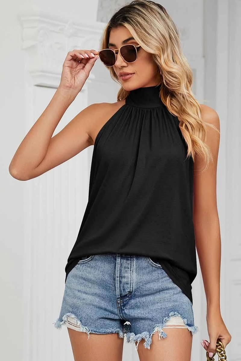 Raglan sleeves PLEATED HALTER NECK LOOSE TUNIC TOP