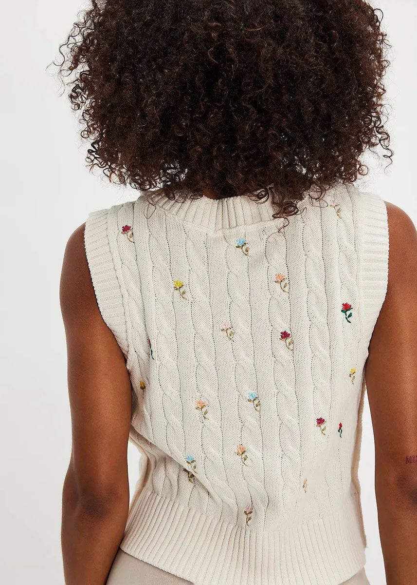 Plumeria Floral Sweater Vest - Ivory Combo Knit Fit