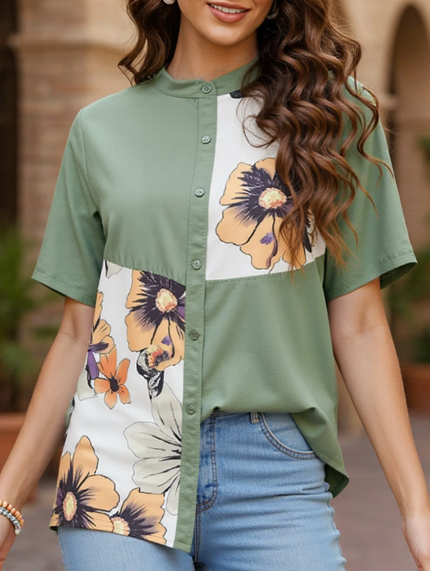 Subtle Logo Placement Plus Size Floral Button Down Shirt ??Summer Boho Style
