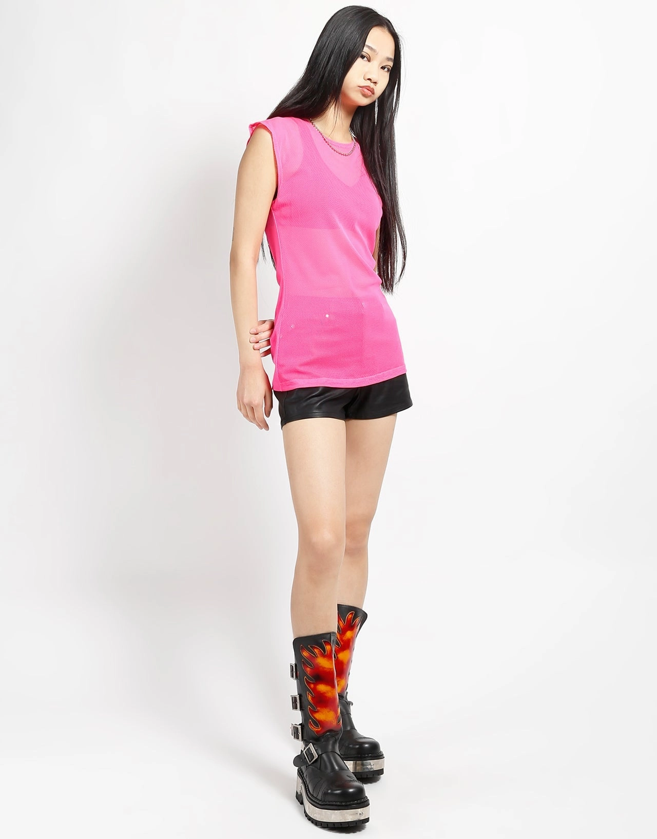 TumbleDryFriendlyMaterial Stretchable Waistband MUSCLE TANK FISHNET PINK