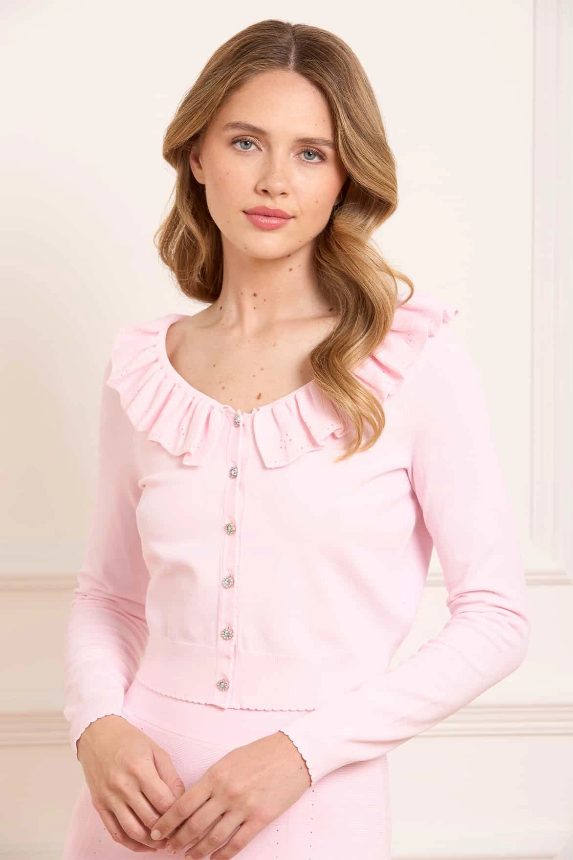 Pointelle Trim Knit Short Cardigan Oversized Fit Low Maintenance Fibers