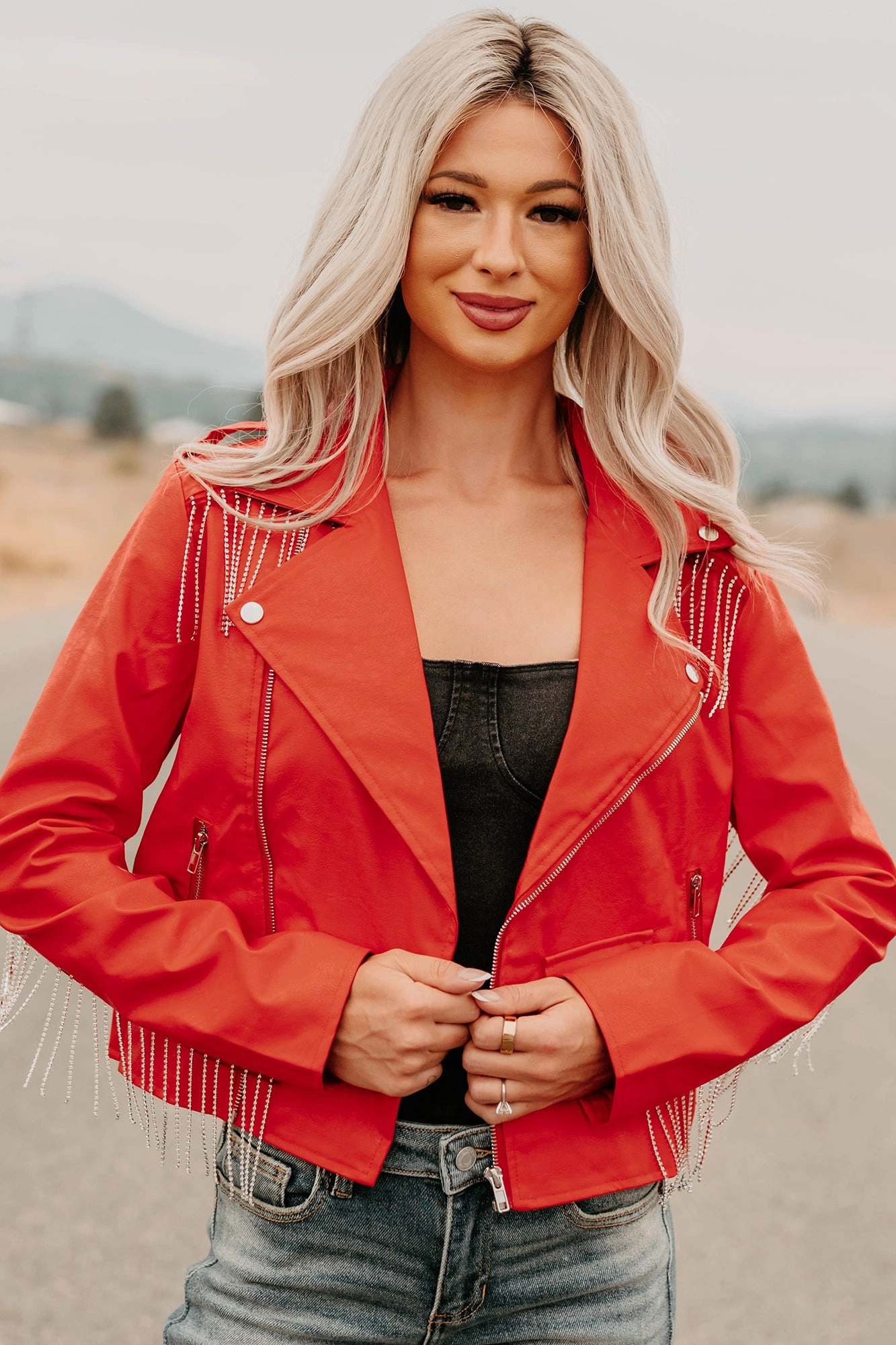 Poised Progress Rhinestone Fringe Signature 8 Moto Jacket (Red) Clean Silhouette popular in America