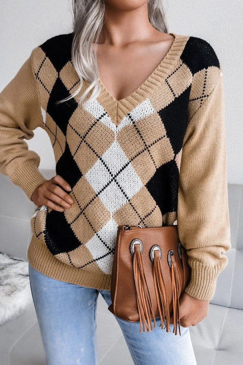 PLAID PATTERN RIBBED V NECK LOOSE FIT SWEATER Versatile Layer