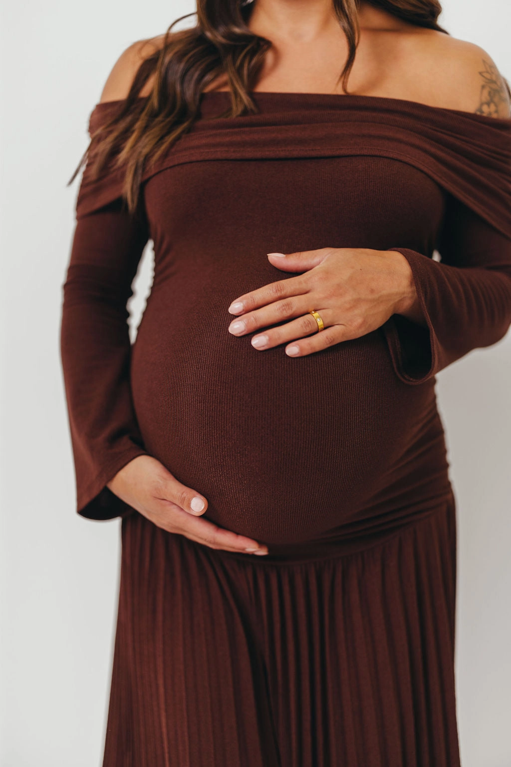 Light Bow Body Fit Lennox Long Sleeve Maxi Dress in Brown