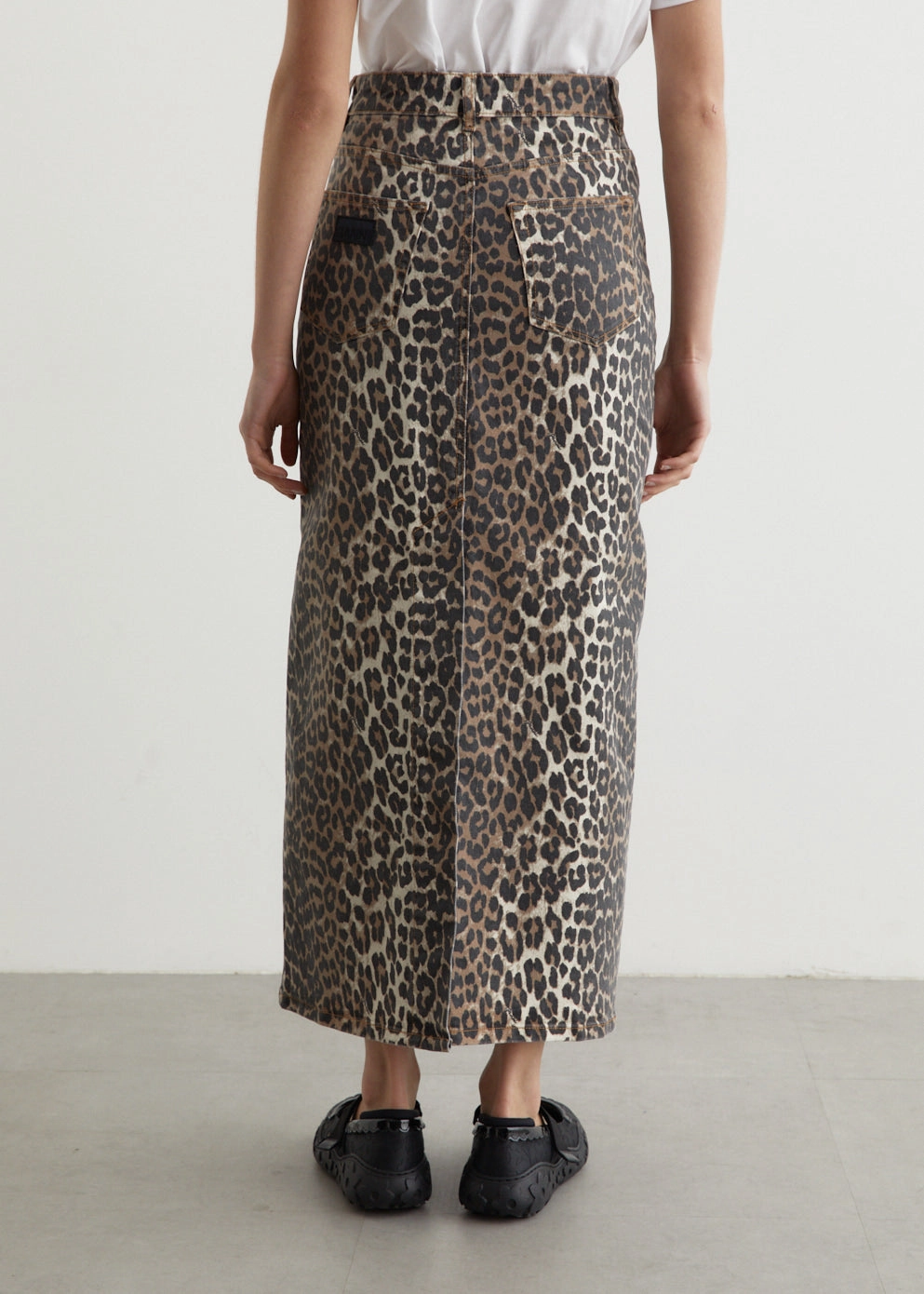 Print Denim Maxi Slit Skirt Flexible Waistband Simple Touch