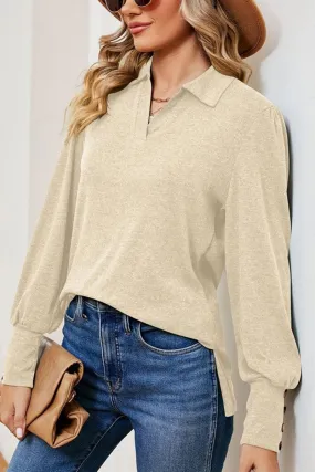 WOMEN COLLARED BUTTON DECKED CUFF BASIC T SHIRT Effortless Daywear