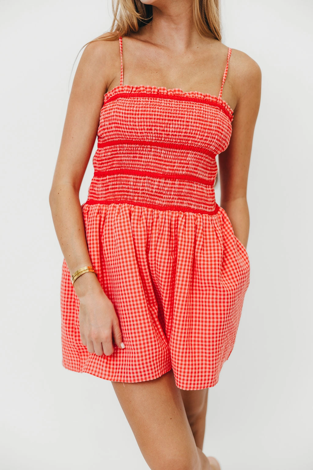 Active Classic Picnic Work Posey Gingham Romper in Pink/Red