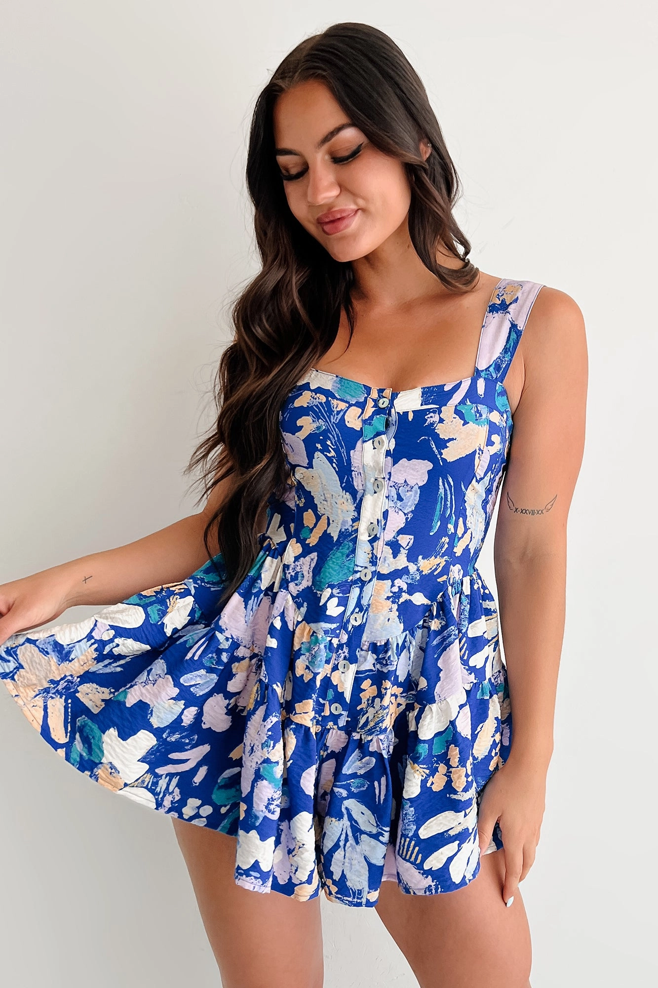 Pout About It Sleeveless Floral Romper (Retro Blue) Indoor Vacation Elegant Casual