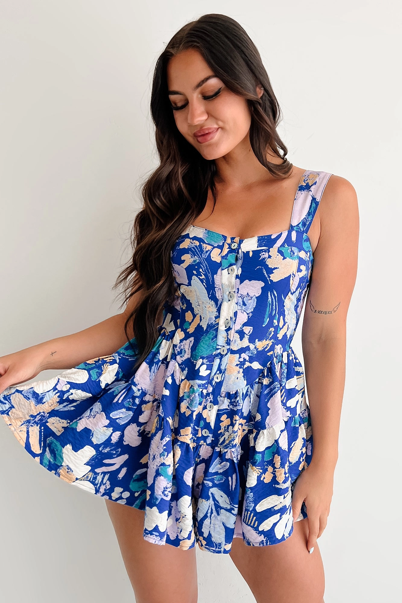 Pout About It Sleeveless Floral Romper (Retro Blue) Wedding Slim Picnic Vivid
