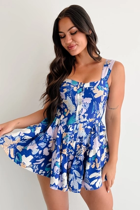 Pout About It Sleeveless Floral Romper (Retro Blue) Wedding Slim Picnic Vivid