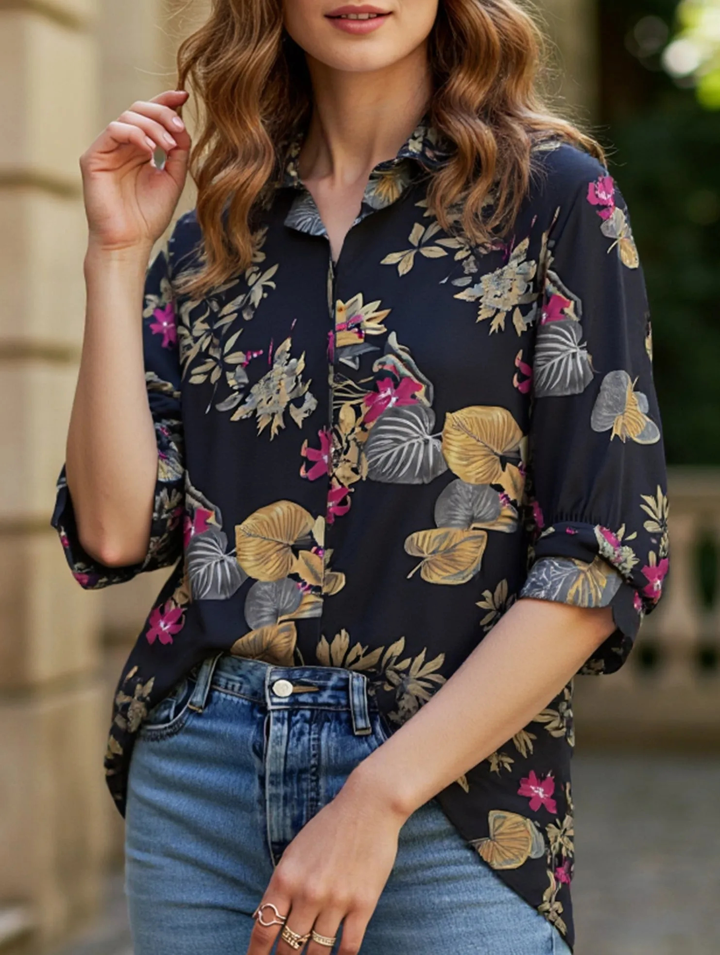 Loose Blouse Women's Floral Print Button-Down Collar Shirt