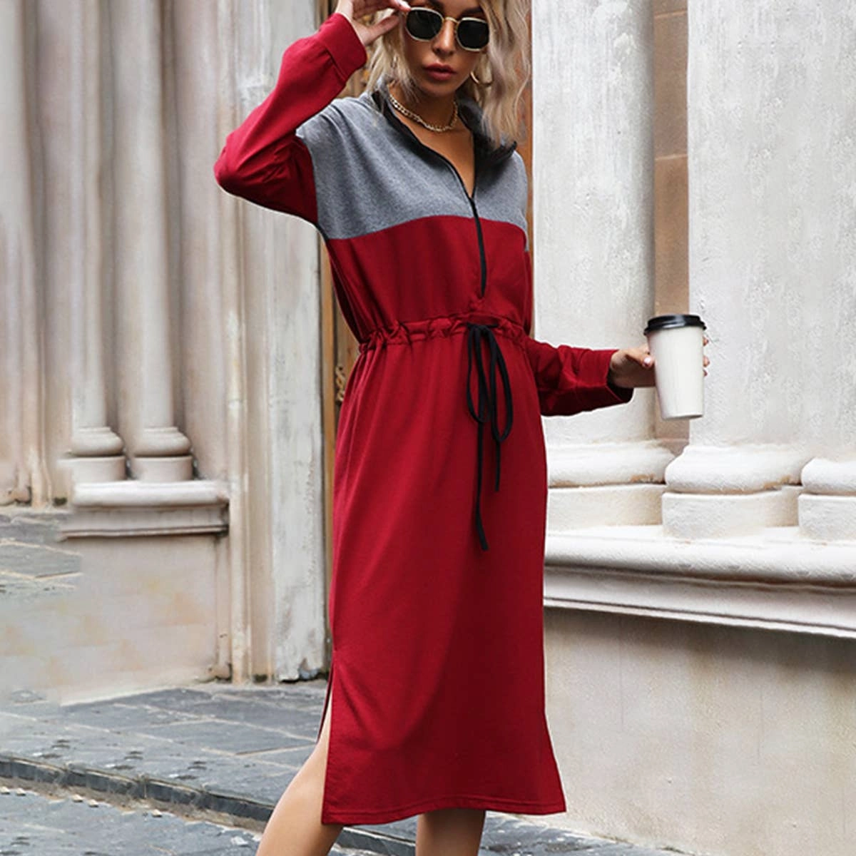 CASUAL COLOR CONTRAST SPLIT HOODIE DRESS_CWDSD4338 Vacation Outfit Easy Movement