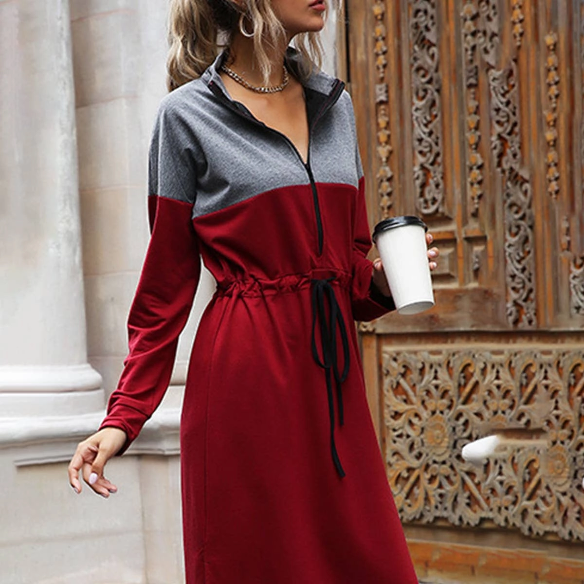 CASUAL COLOR CONTRAST SPLIT HOODIE DRESS_CWDSD4338 Subtle Stitch Pure Look