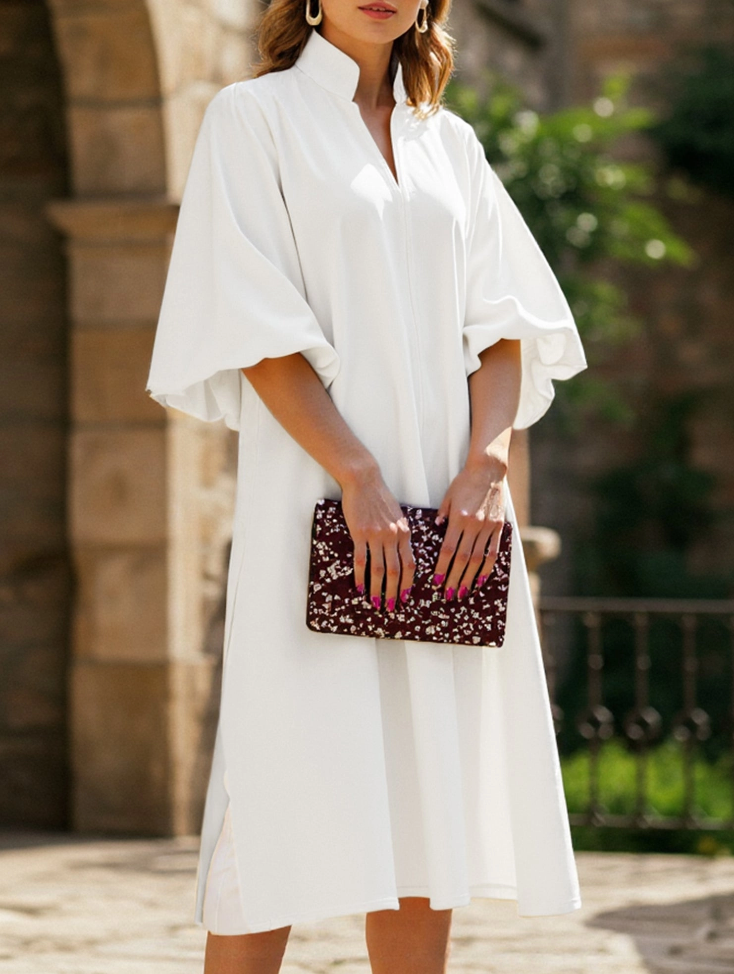 Casual Solid Color Loose Midi A-Line Skirt Metallic-Shine