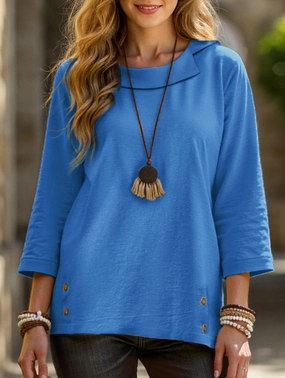 Lapel three-quarter sleeve casual T-shirt top ReinforcedShoulderPanels High Density Cotton