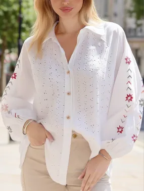 Embroidered Eyelet Shirt ??Balloon Sleeve Vintage Blouse Luxurious Feel