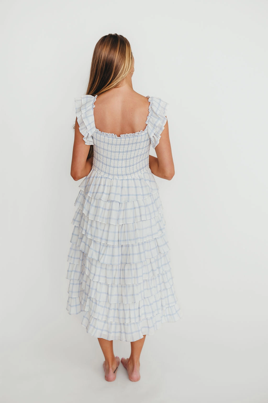 Adelynn Ruffle Midi Dress in White/Blue Travel Style Statement-Buttons