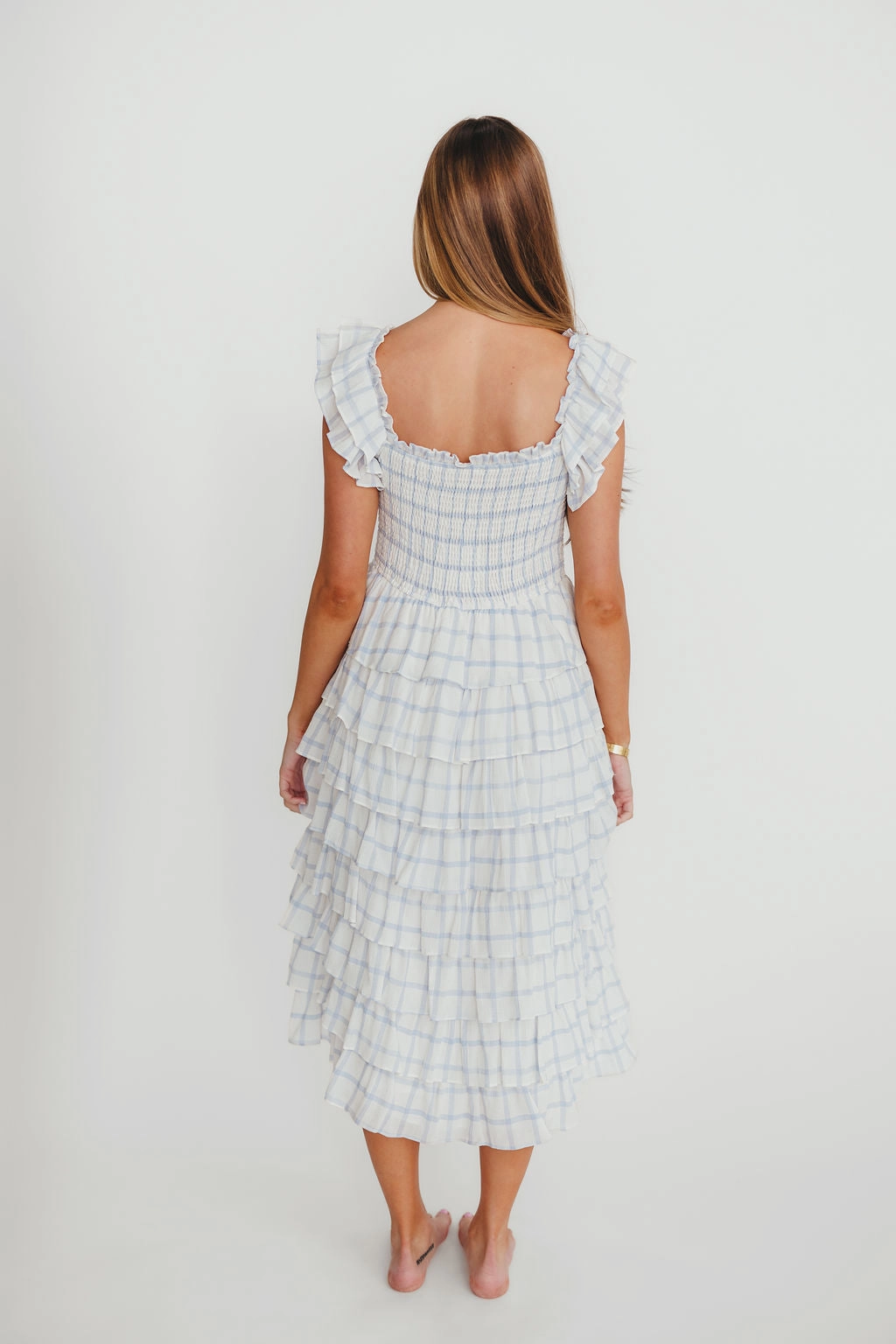 Adelynn Ruffle Midi Dress in White/Blue Brunch Glow