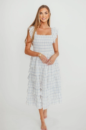 Pure Elegance Smooth-Lining Adelynn Ruffle Midi Dress in White/Blue