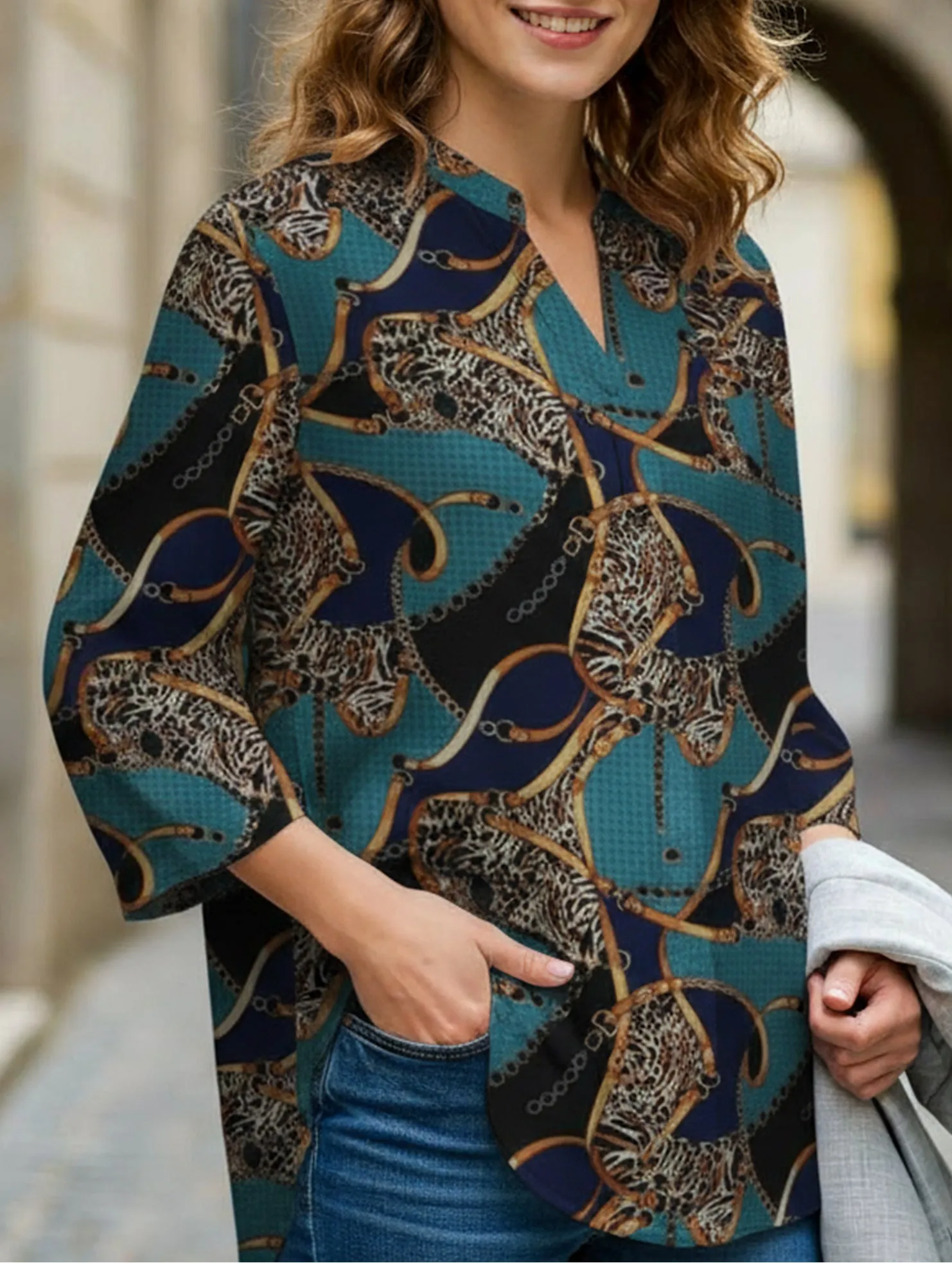Printed lapel long-sleeved tunic top LongSleeve