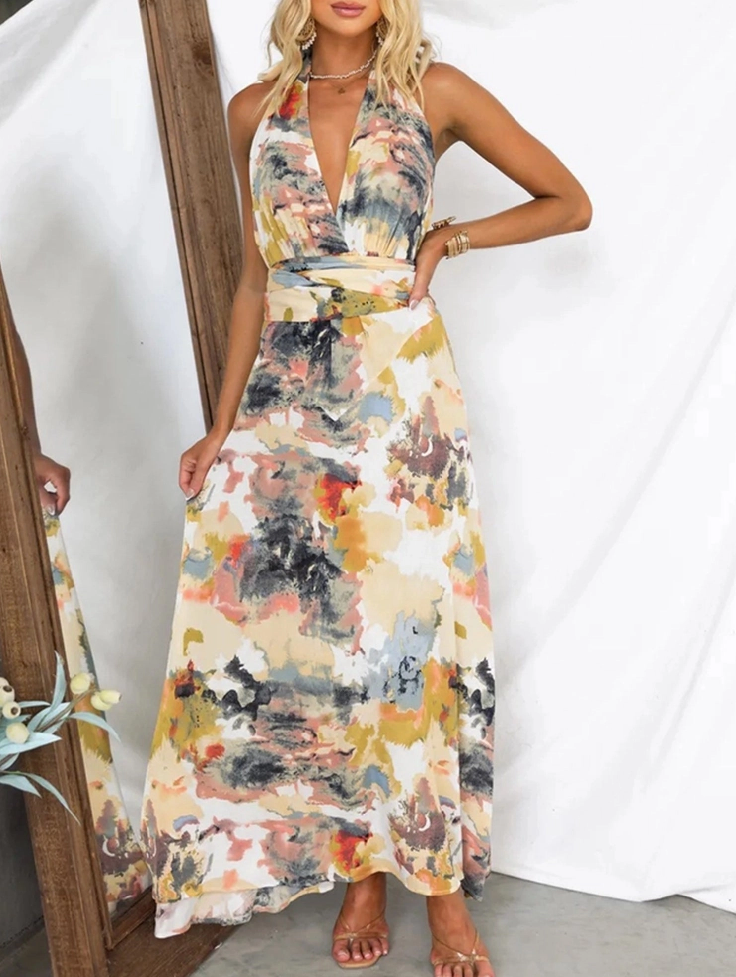 Artistic Edge Influencer-Approved Printed Lace-Up V-Neck A-Line Dress ??Flowy Waist-Defining Midi Dress for All Seasons