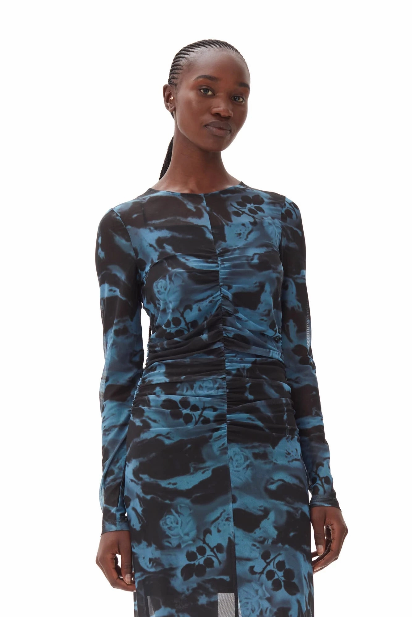 Family Warm Printed Mesh O-neck Ruched Long Dress