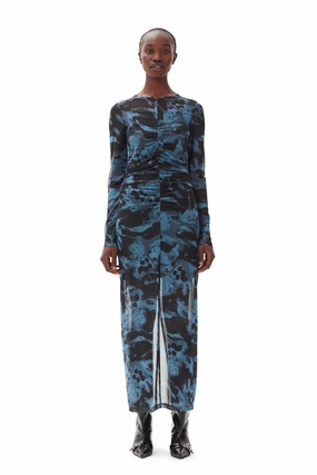 Printed Mesh O-neck Ruched Long Dress Subtle Lines