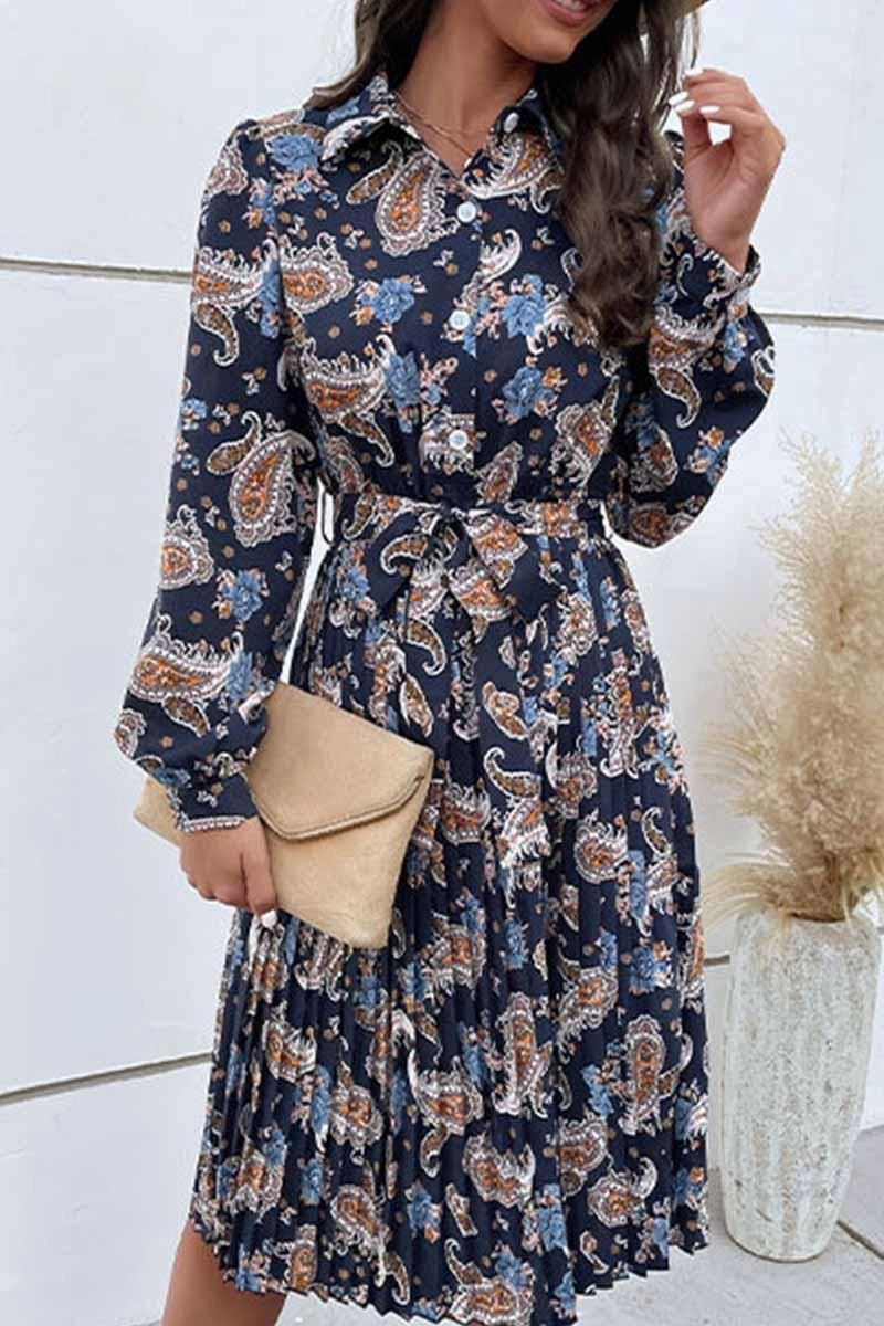 Modern Layers Easy Drape LONG SLEEVED PRINTED LAPEL PLEATED DRESS