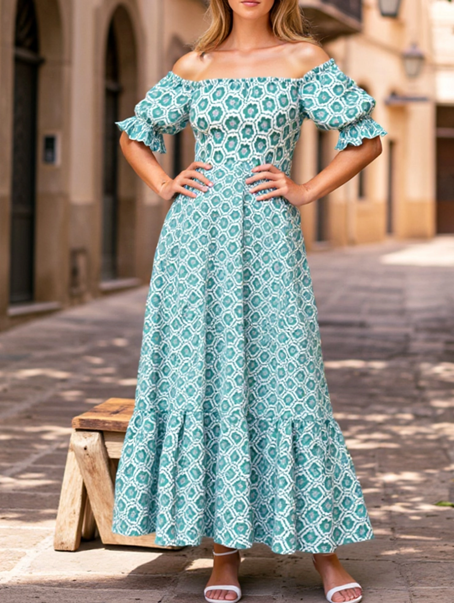 Printed Puffed Sleeve Maxi Swing Dress ??Elegant High-Waist Flowy Dress for All Seasons Tailored Wear