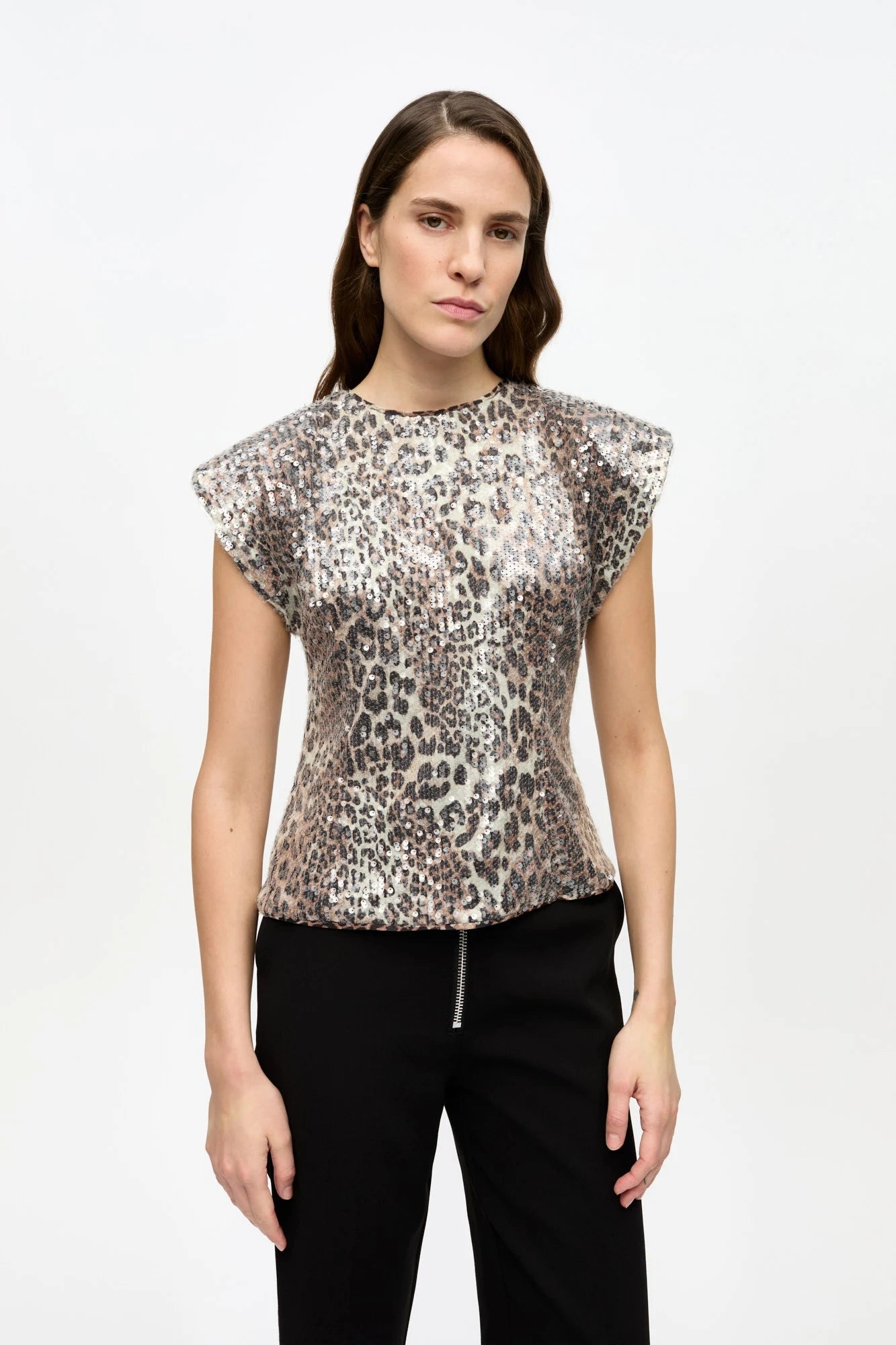 Ribbed Trim Details Printed Stretch Sequins Blouse