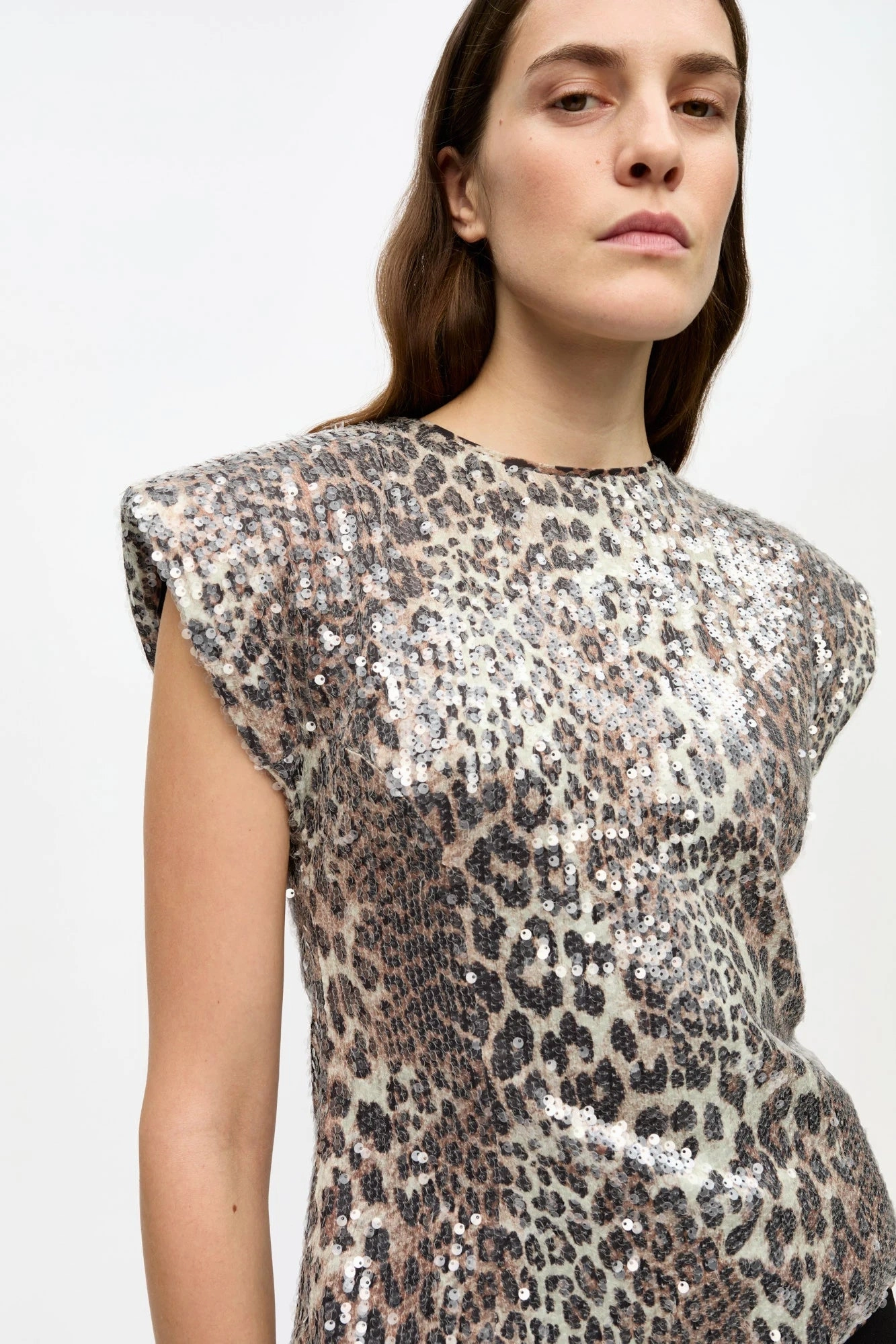 LayeredCuff Printed Stretch Sequins Blouse