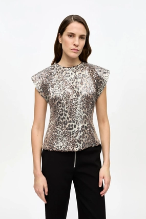 Ribbed Trim Details Printed Stretch Sequins Blouse