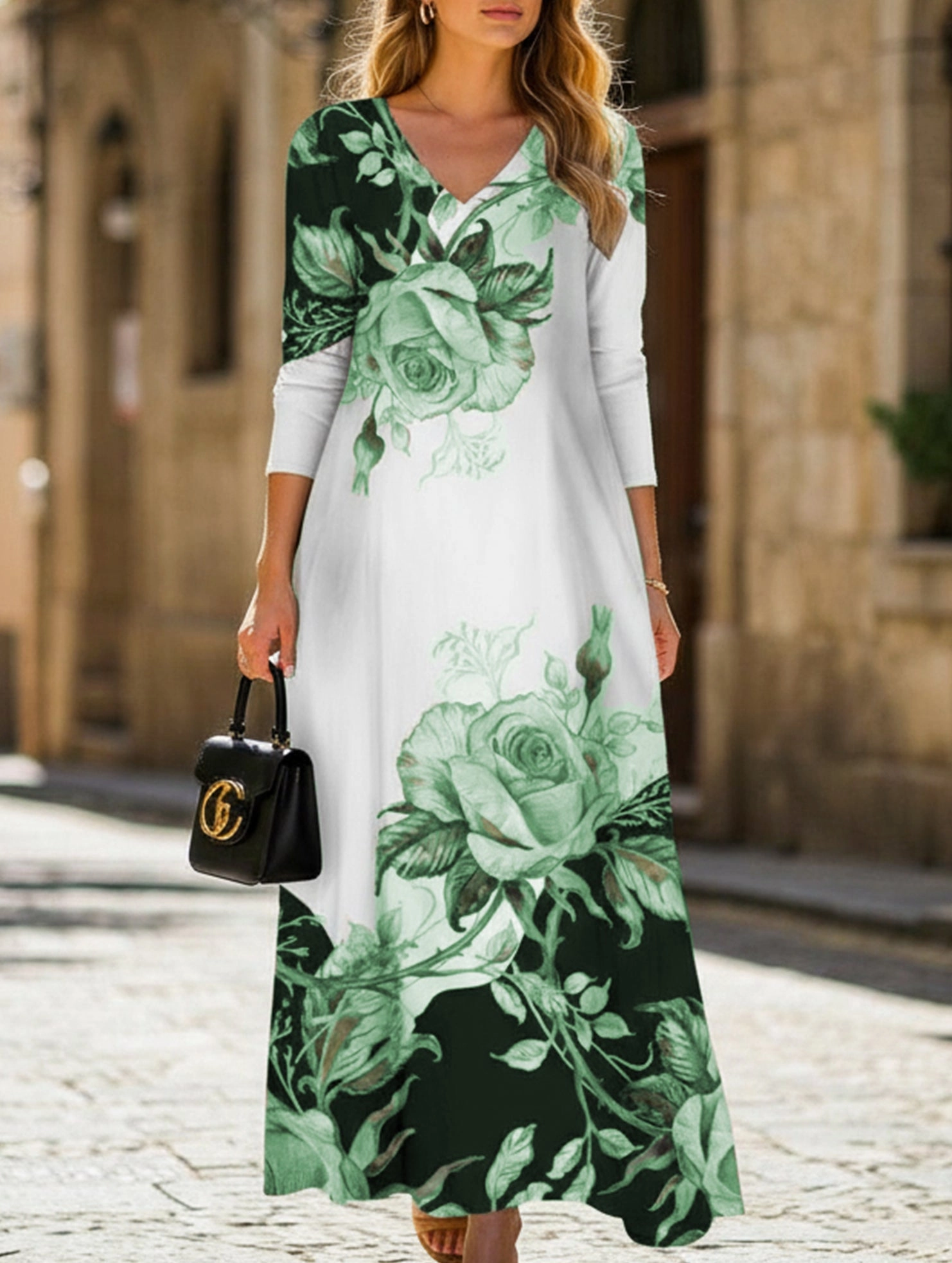 Pure Fabric Long Sleeve Printed V-neck button-down long-sleeved dress