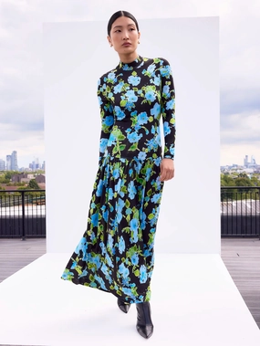 Blue And Green Floral Dropped Waist Jersey Dress Smart Layers
