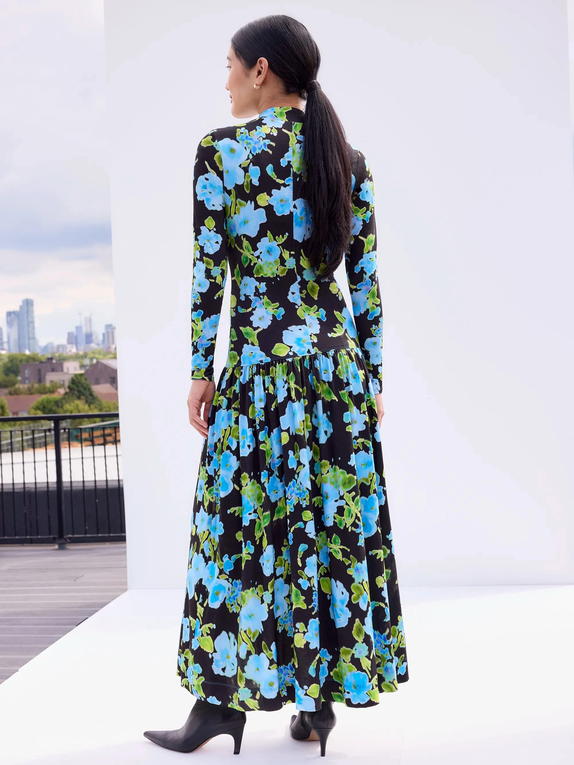 Coastal Chic Blue And Green Floral Dropped Waist Jersey Dress