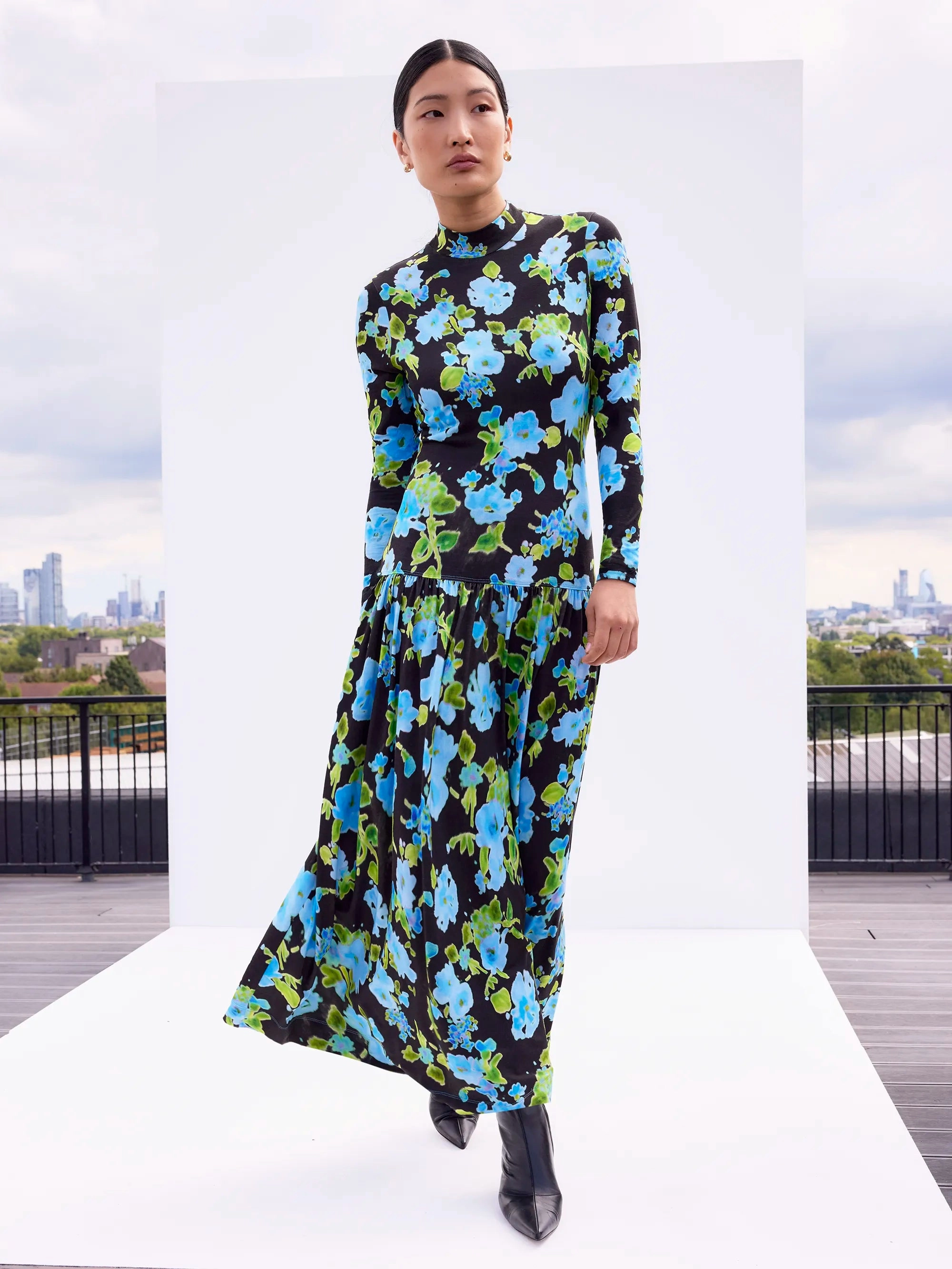 Blue And Green Floral Dropped Waist Jersey Dress Belt Waist Light Aesthetic