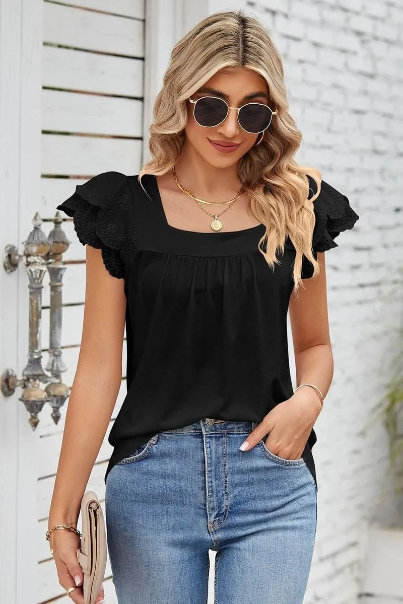 PUNCHING LACE ANGEL SLEEVE SQUARE NECK TUNIC TOP Ultimate Fit