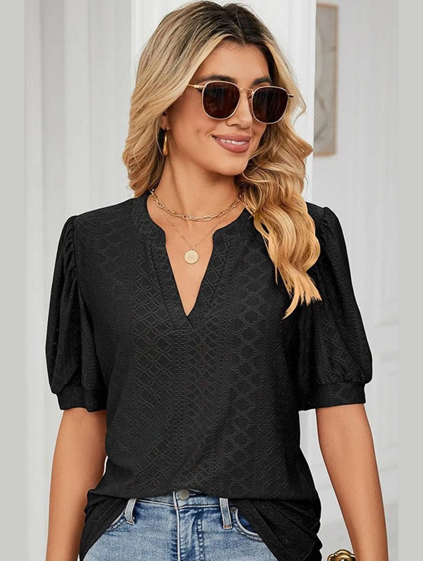 Bold Statement PUNCHING LACE V NECK PUFF SHORT SLEEVE BLOUSE
