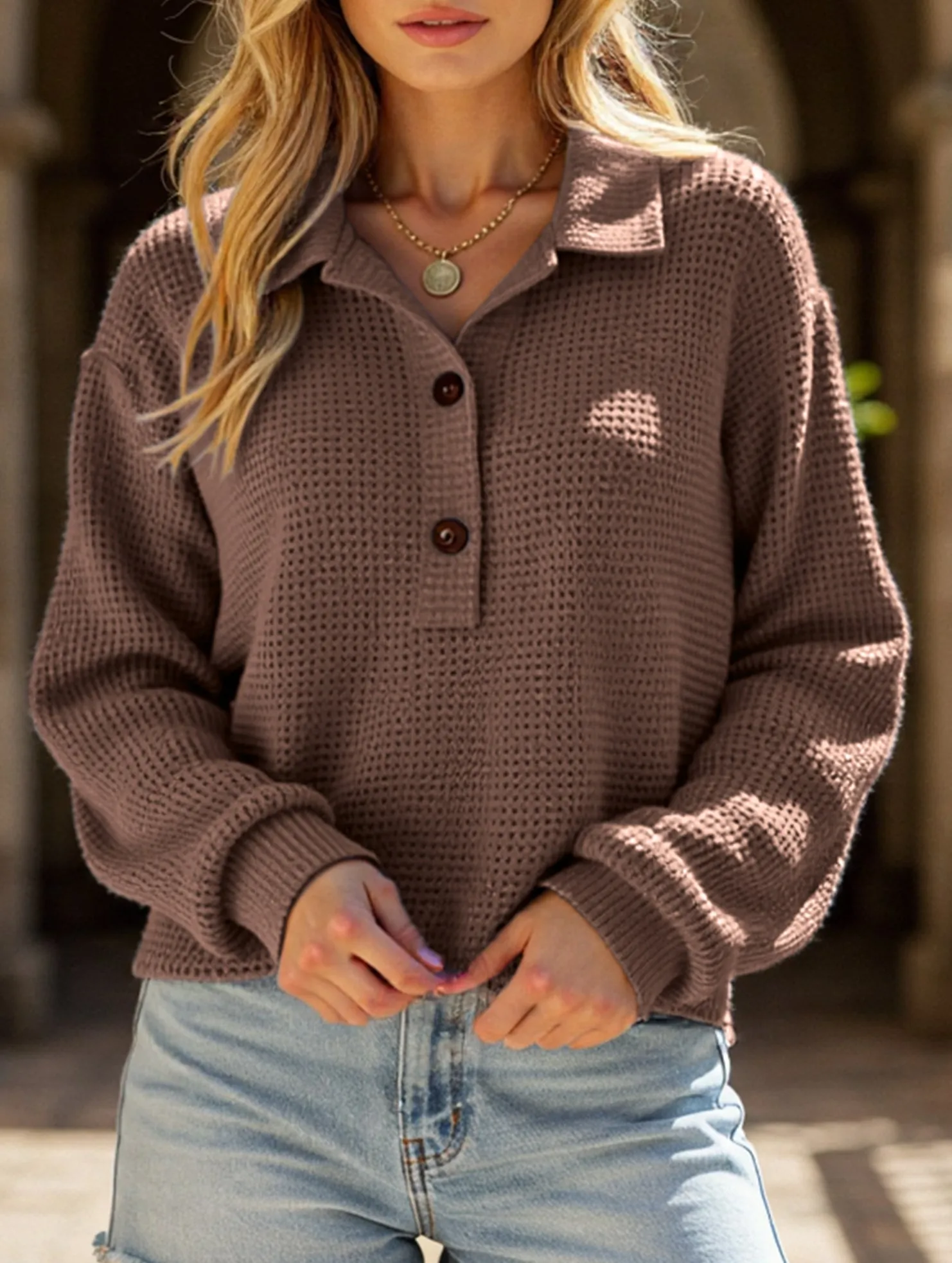 Airflow Mesh Insert Snag Proof Weave Pure color turn-over collar knitted sweater