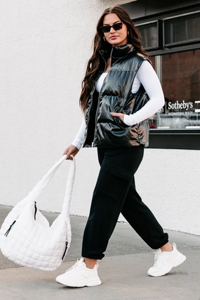 Durable Outer Shell Everyday apparel Put You In Your Place Patent Leather Puffer Vest (Black)