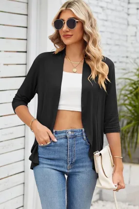 Comfort Cushion Neckline Wrinkle Resistant Textile QUARTER SLEEVE RUFFLED FRONT OPEN CARDIGAN