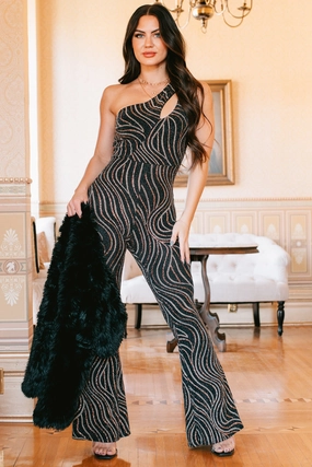 Shopping Chic Basic Running Queen Of Compliments Metallic Glitter Jumpsuit (Black/Gold)