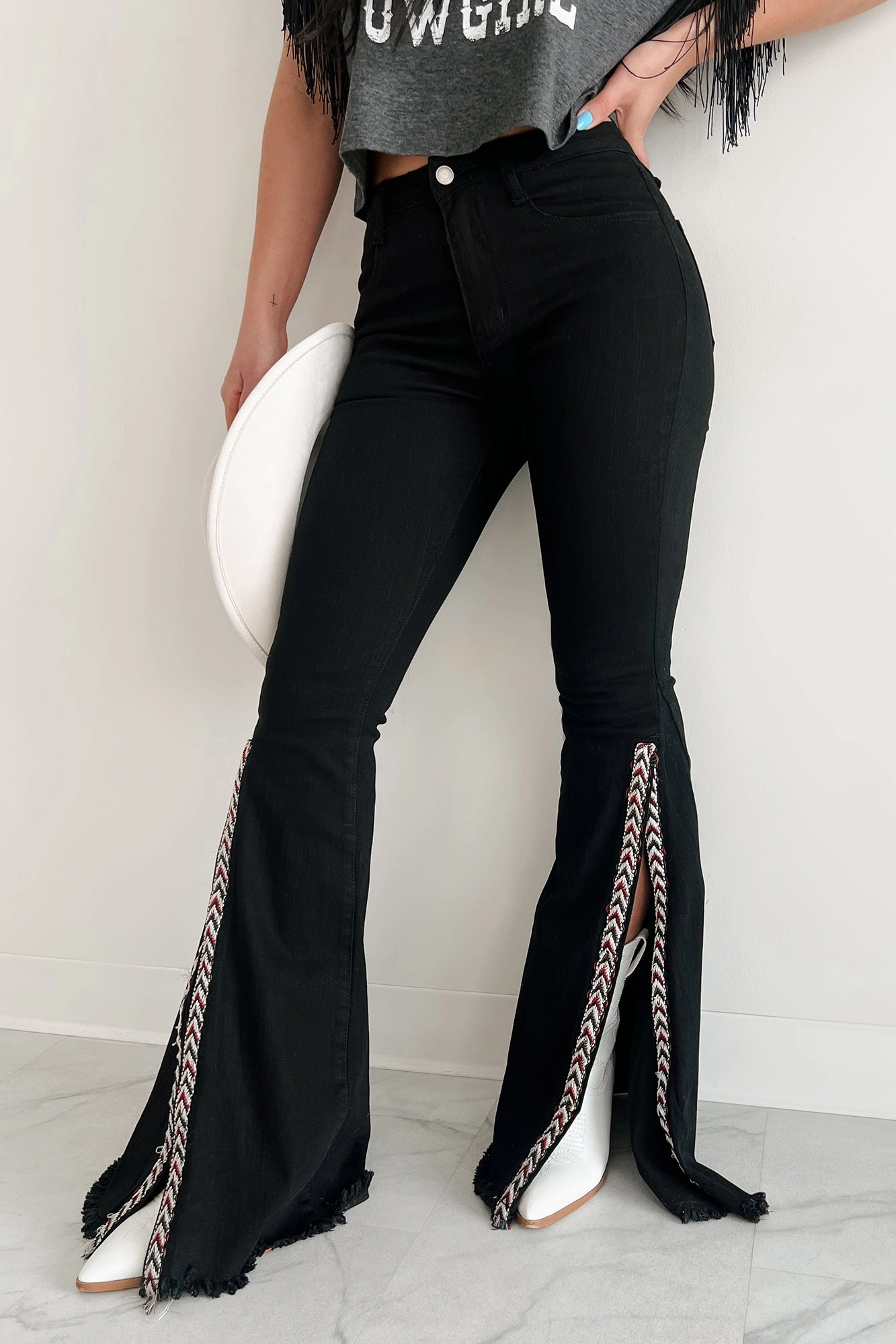 Distressed Details Quenlin Side Split Saints & Hearts Flare Jeans (Black)