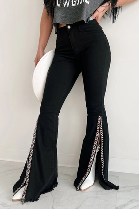 Distressed Details Quenlin Side Split Saints & Hearts Flare Jeans (Black)